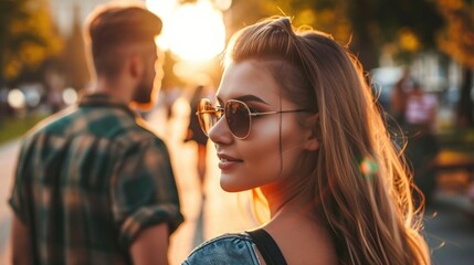 A woman wearing sunglasses and a man walking behind her. The woman is smiling and looking at the camera