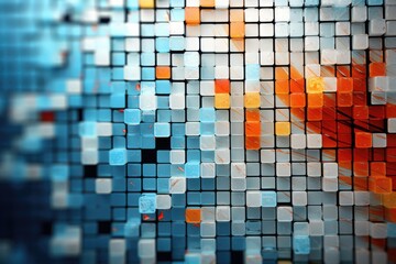 Fototapeta premium A colorful abstract background with squares of different colors. The background is blue and white with orange and red squares