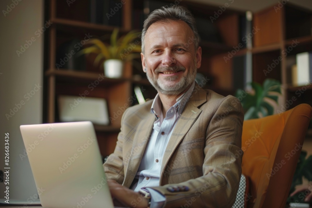 Poster a man is sitting in a chair with a laptop in front of him. he is smiling and he is happy