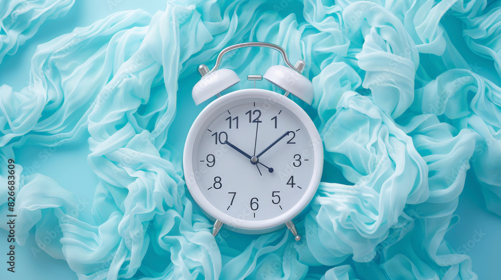 Aufkleber a white analog alarm clock set against a background of soft, flowing, turquoise fabric, creating a s