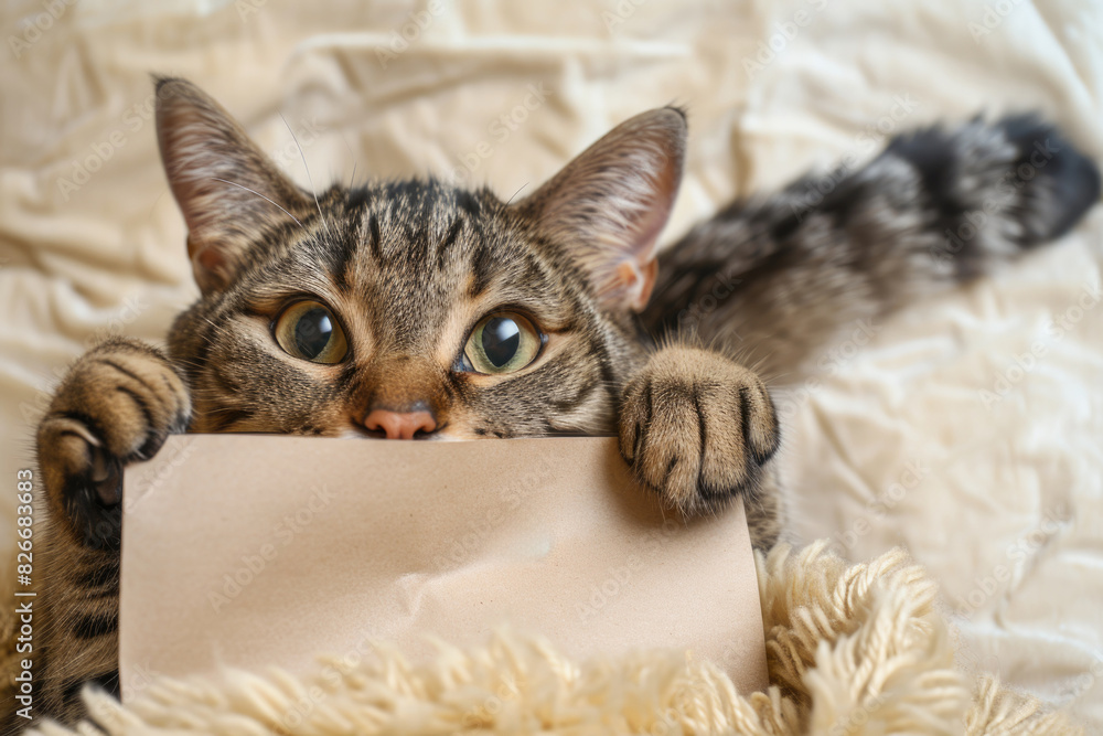 Poster a cat is playing with a piece of paper, looking at the camera with a curious expression. the scene i