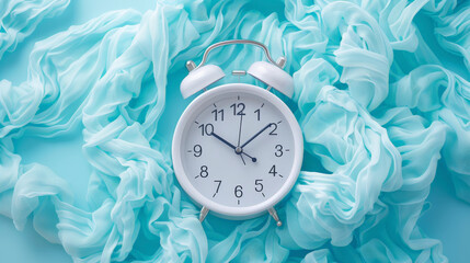 A white analog alarm clock set against a background of soft, flowing, turquoise fabric, creating a...