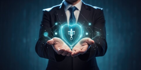 Businessman hand holding virtual medical health care icons with medical shield and network connection. People health care awareness rising growth of medical health and life insurance business