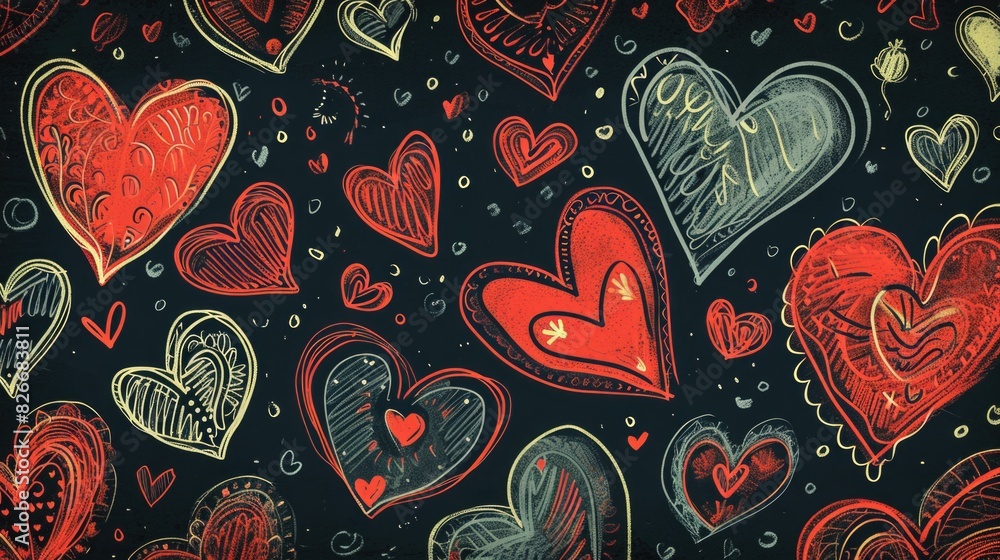 Poster a black and red heart patterned background with many small hearts drawn on it. the hearts are in var