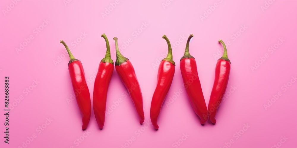 Poster a row of red peppers are arranged on a pink background. the peppers are all pointing in the same dir