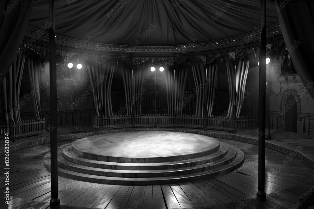 Poster a dark room with a stage and a large circular platform. the stage is empty and the curtains are draw