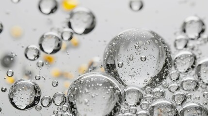 The image is a close up of many small, clear, and shiny water droplets. The droplets are scattered throughout the image, creating a sense of movement and fluidity