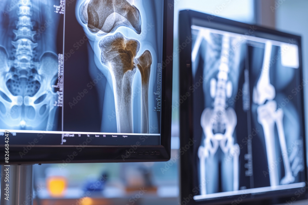 Poster this image shows multiple x-ray images on monitors, displaying skeletal structures like knees and ha