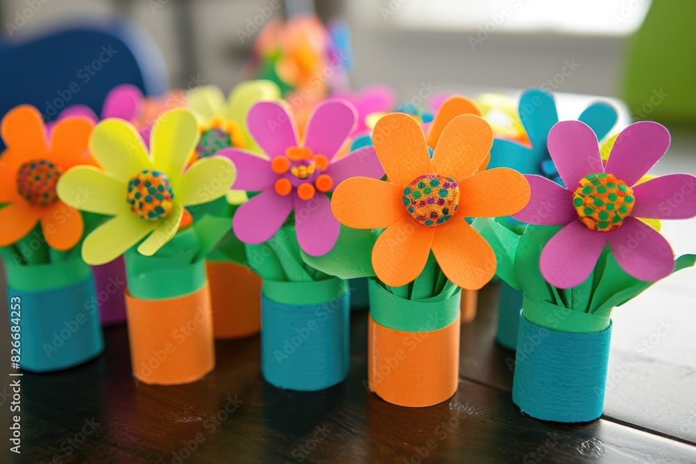 Poster a row of colorful flowers made from paper tubes. the flowers are arranged in a row and are of differ