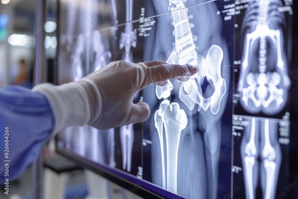 Aufkleber a medical professional examining a series of skeletal x-ray images displayed on a lightbox, likely a