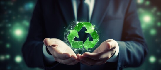 Businessman hold circular economy icon. Sustainable strategy approach to eliminate waste and pollution for future growth of business and environment, design to reuse and renewable material resources