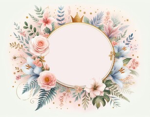 Obraz premium Elegant floral frame with pastel flowers, leaves, golden crown - ideal for invitations and cards