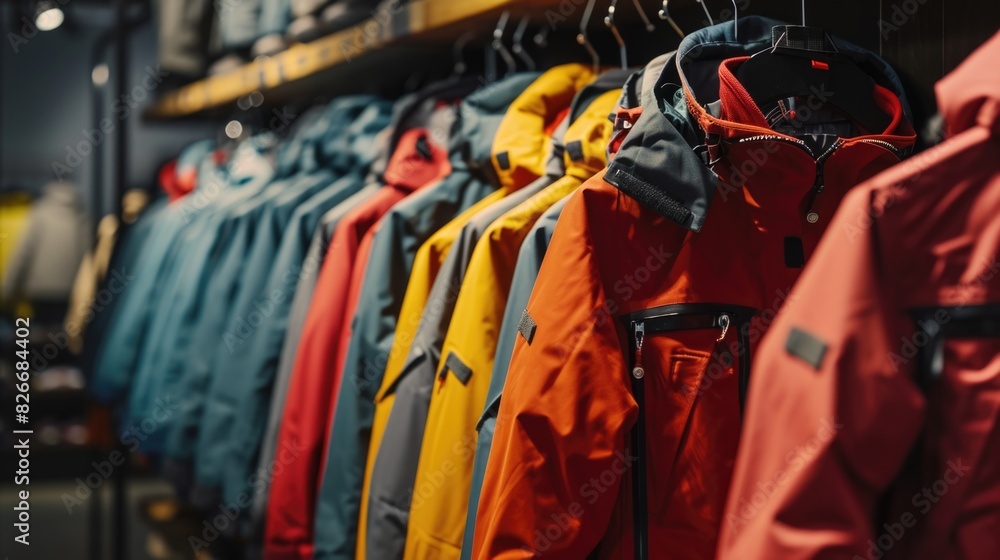 Poster a rack of colorful jackets with a red jacket in the middle. the jackets are hanging on a rack and ar