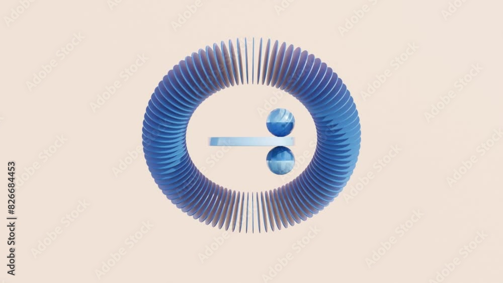 Poster abstract 3d blue circular plate with two rolling blue balls inside rotating circle on peach backgrou
