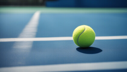 Tennis ball rests on blue tennis court
