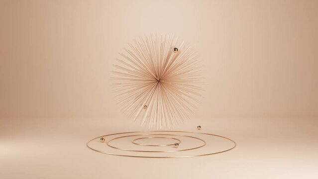 Abstract 3D Dynamic Shape with Long Protruding Needles and Floating Balls Rotating in Space: Animation Background, Geometric Design, Motion Graphic, Modern Render