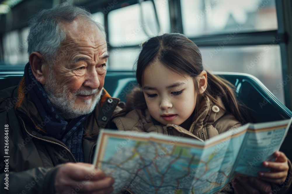Poster a man and a little girl are looking at a map together. they are both looking at the map with interes