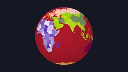 Rotating earth. Normal sphere view. Moderate speed earth rotation. Colored countries style. World map with graticule lines on muted background. Lively animation.