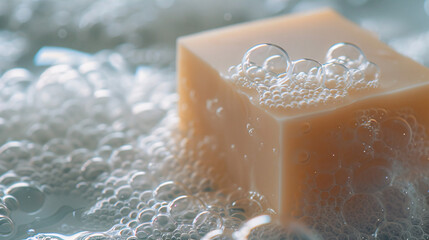 Bar of soap with bubbles. Close-up of a beige bar of soap with bubbles, showcasing its cleansing properties. Ideal for hygiene and skincare projects.