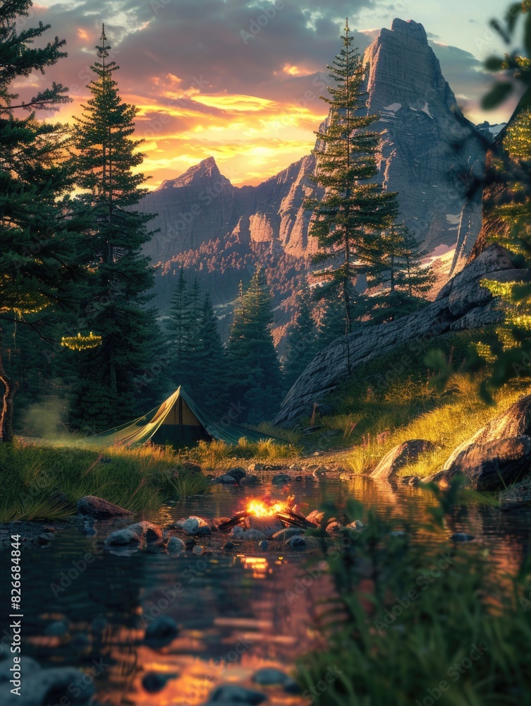 Poster a serene and peaceful scene of a forest with a small green tent and a fire. the mountains in the bac
