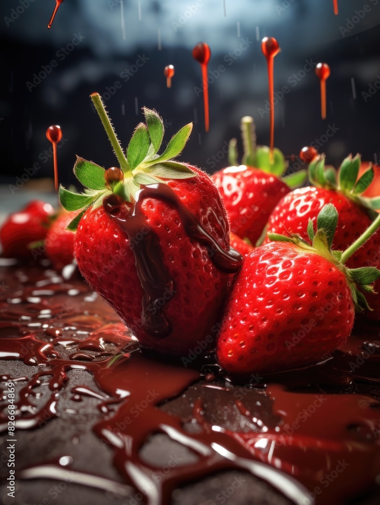 Poster a close up of a strawberry with chocolate drizzled on it. the image has a dark mood and a sense of i