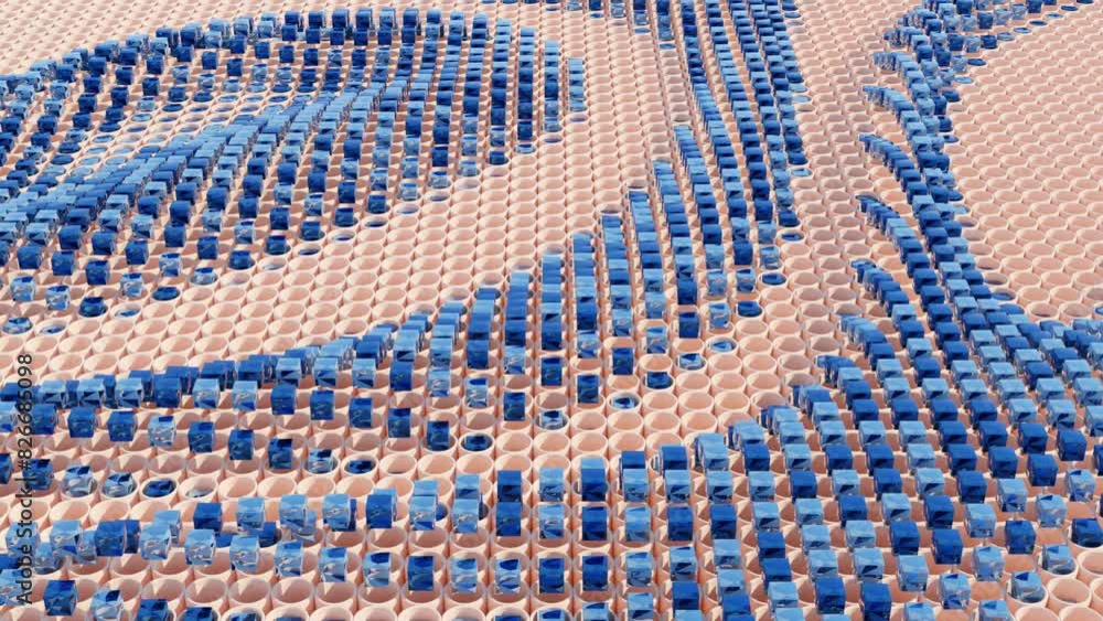 Poster abstract 3d blue and cyan cubes rising synchronously in waves from cylinders: animation background, 