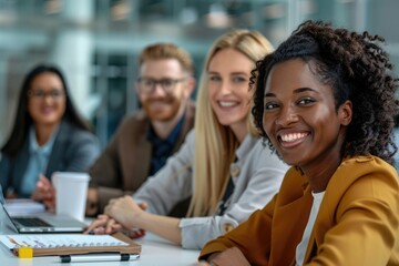 A group of people are smiling and sitting around a table with a laptop. The woman in the yellow jacket is the only one smiling
