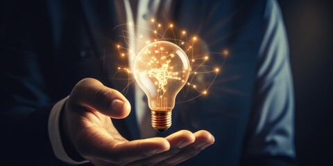 Businessman holding creative light bulb with growth graph and banking icons. Financial innovation technology develop new products and services that enhance successful and global business background