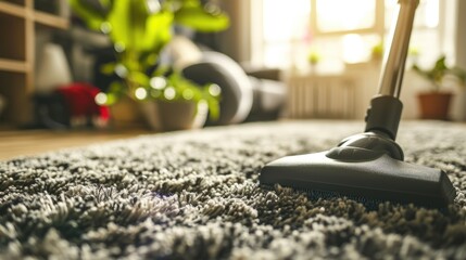A vacuum cleaner is on a carpet in a room. The room has a potted plant and a couch