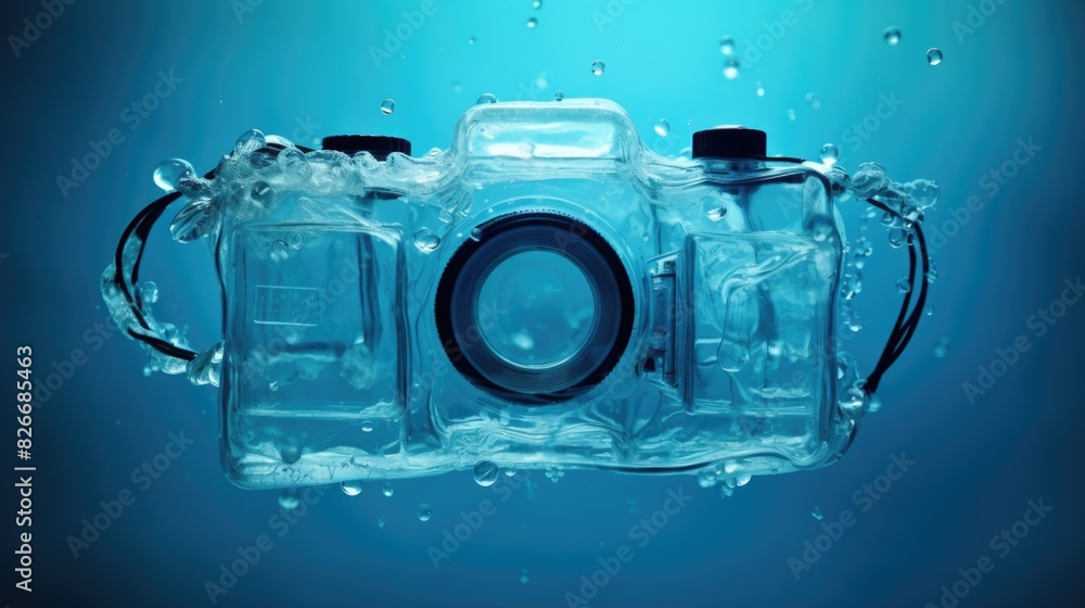 Wall mural a camera is floating in the water. the camera is made of clear plastic and is surrounded by water