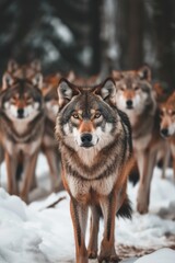 A pack of wolves are standing in the snow, with one of them looking directly at the camera. Concept of wildness and untamed nature, as the wolves are in their natural habitat