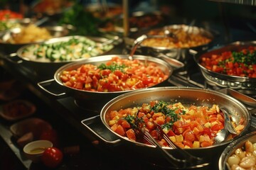 Obraz premium A table full of food with a variety of dishes including a large bowl of tomatoes. The table is set up for a buffet style meal