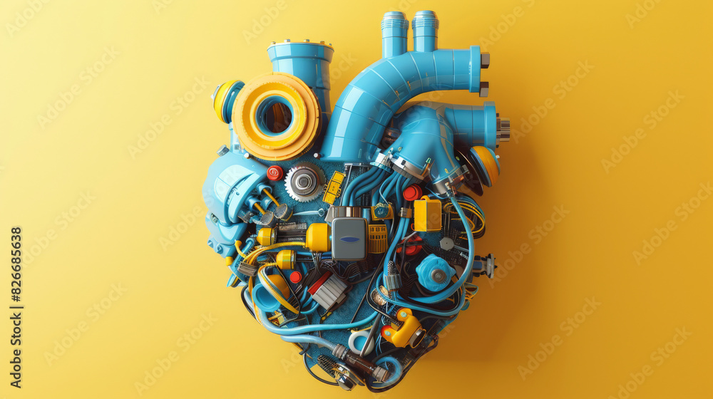 Poster a conceptual mechanical heart composed of various machine parts and pipes, symbolizing a fusion of t