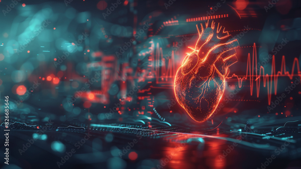 Poster a futuristic illustration of a glowing digital human heart with health monitoring graphics against a