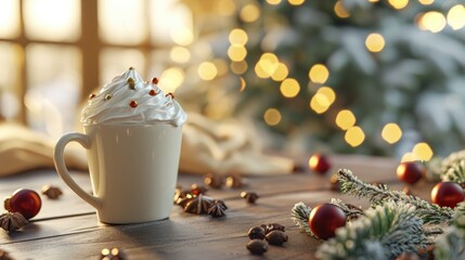 A white mug with whipped cream on top sits on a wooden table with a Christmas tree in the background. The scene is cozy and festive