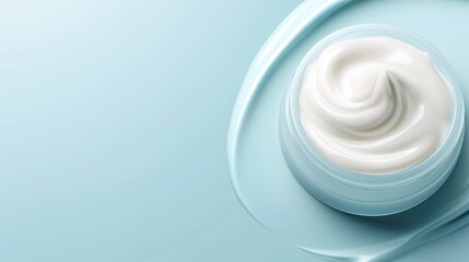 A white cream is sitting on a blue background. The cream is smooth and creamy, and it looks like it's ready to be used. The blue background gives the image a calm and soothing mood