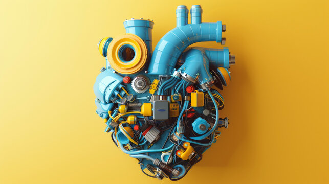 A conceptual mechanical heart composed of various machine parts and pipes, symbolizing a fusion of technology with the organic form of a human heart.
