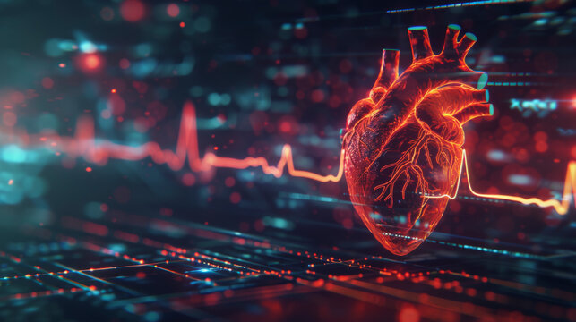 Digital representation of a human heart with an ECG line, set against a futuristic, high-tech background, symbolizing advanced medical technology or health data analysis.