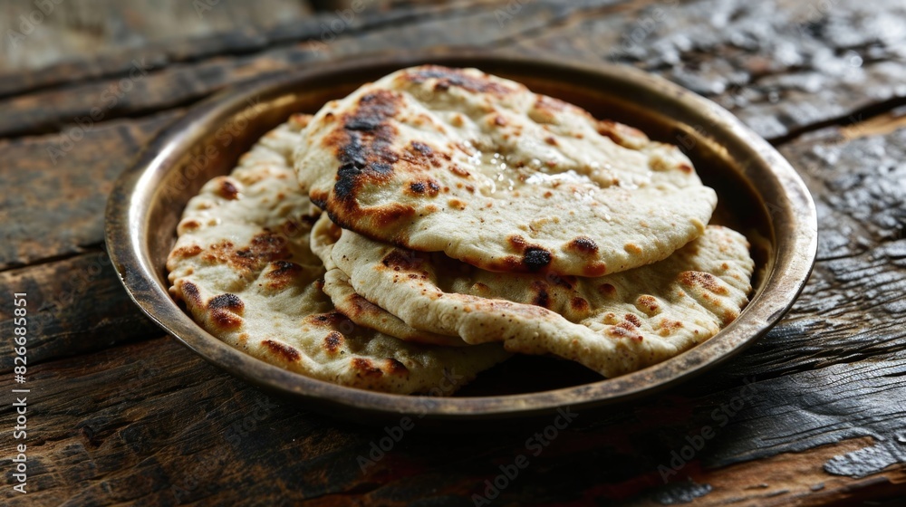 Poster a plate of flatbreads sits on a wooden table. the breads are golden brown and appear to be freshly m