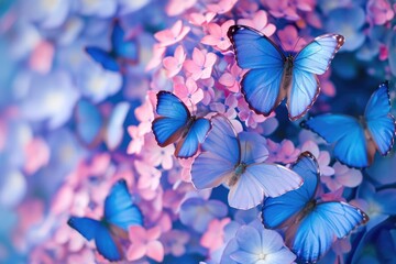 A group of blue butterflies are flying around a pink flower. Concept of freedom and beauty, as the butterflies flutter around the flowers in a natural setting - Powered by Adobe