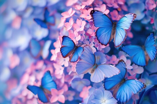 Fototapeta A group of blue butterflies are flying around a pink flower. Concept of freedom and beauty, as the butterflies flutter around the flowers in a natural setting