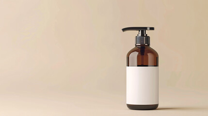 Amber bottle with pump mockup on beige background. Amber bottle with pump mockup on beige background, perfect for showcasing your brand's design.