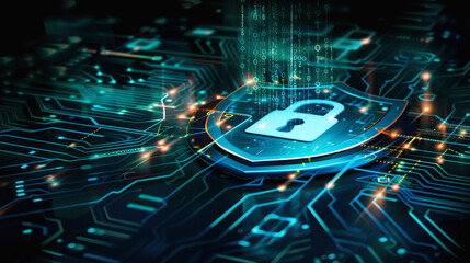 A digital illustration of cybersecurity concept showing a padlock symbol as a protection mechanism on a stylized circuit board with data streams.