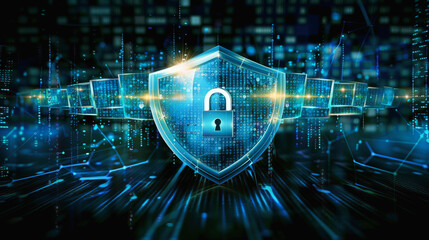 A digital illustration of cybersecurity concept with a glowing shield and padlock symbol at the forefront representing data protection against a backdrop of binary code.