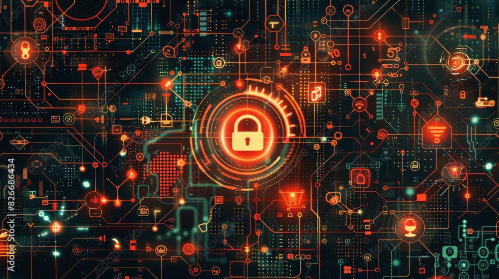 Poster a stylized digital illustration depicting cybersecurity concepts with a prominent lock symbol at the