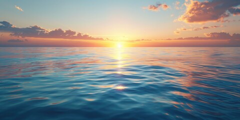 Obraz premium The ocean is calm and the sun is setting, creating a beautiful and serene atmosphere. The water is a deep blue color, and the sky is filled with clouds, adding to the peacefulness of the scene