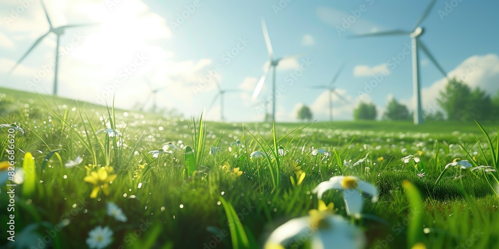 Poster a field of grass with a few wind turbines in the background. the sun is shining brightly, creating a