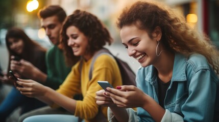 A group of young people are sitting on a bench and looking at their cell phones. They are all smiling and seem to be enjoying themselves - Powered by Adobe