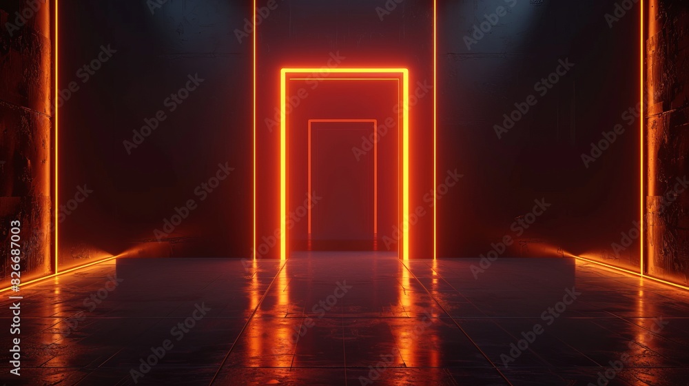 Poster 3d rendering of abstract door with orange light in dark empty stage room - surreal and futuristic sc