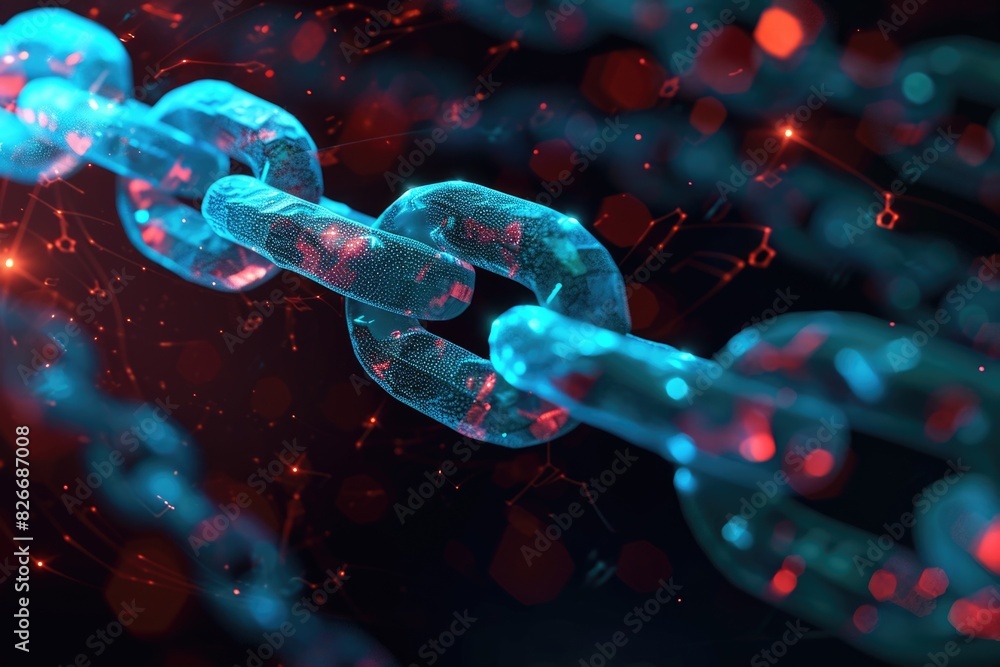 Poster a chain of blue and red links is shown in a blurry image. the chain is made of a material that is no
